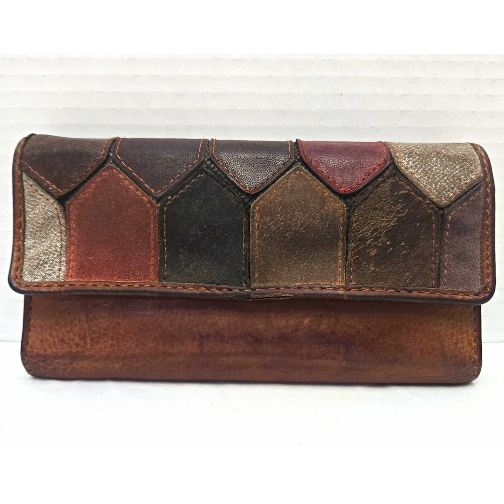 Vintage Fossil Leather Patchwork Trifold Wallet Emory Clutch Boho Y2K 1954